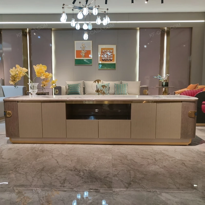 Contemporary TV Stand with Marble Top, Fluted Panels and Brushed Gold Accent Handles
